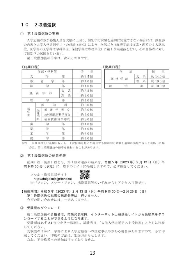 東北大学 令和5年度(2023年度)一般選抜入学試験学生募集要項