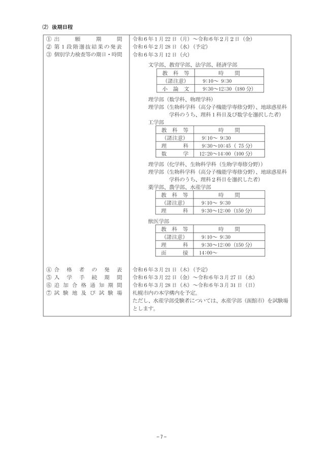 北海道大学 令和6(2024)年度 入学者選抜要項