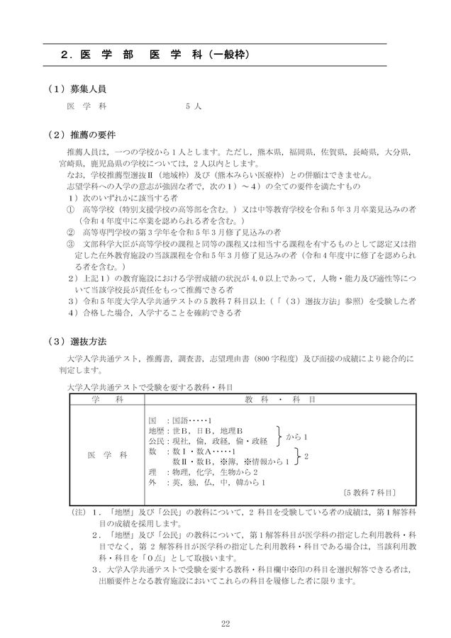 熊本大学 令和5年度(2023年度) 学校推薦型選抜Ⅱ(大学入学共通テストを