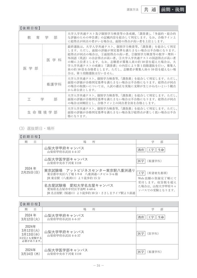 山梨大学 令和6年度 入学者選抜要項